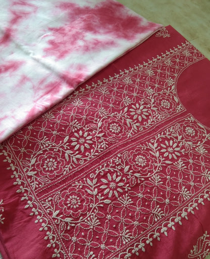 Chikankari and Tie-Dye Pink Mul Cotton Unstitched Suit set