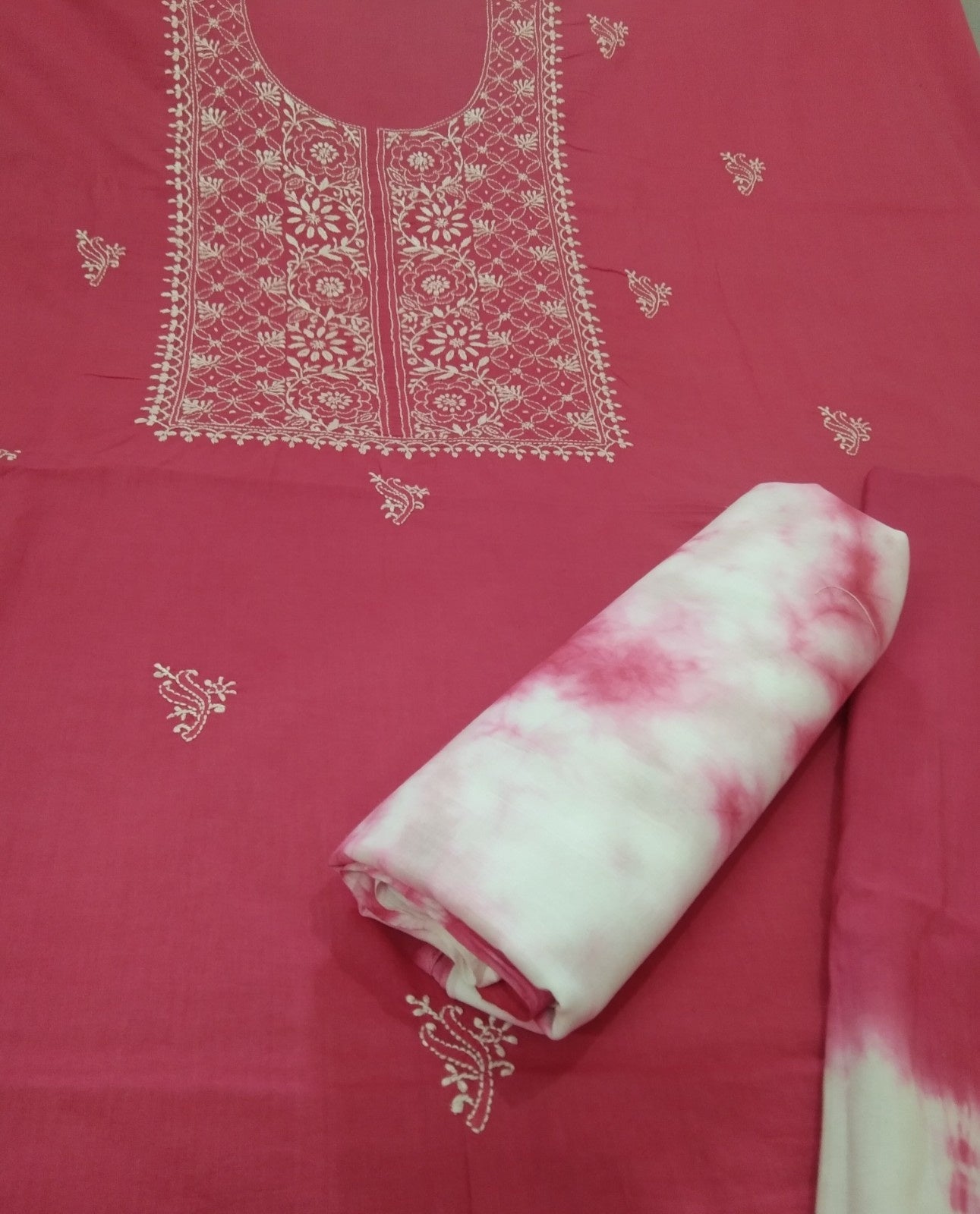 Chikankari and Tie-Dye Pink Mul Cotton Unstitched Suit set