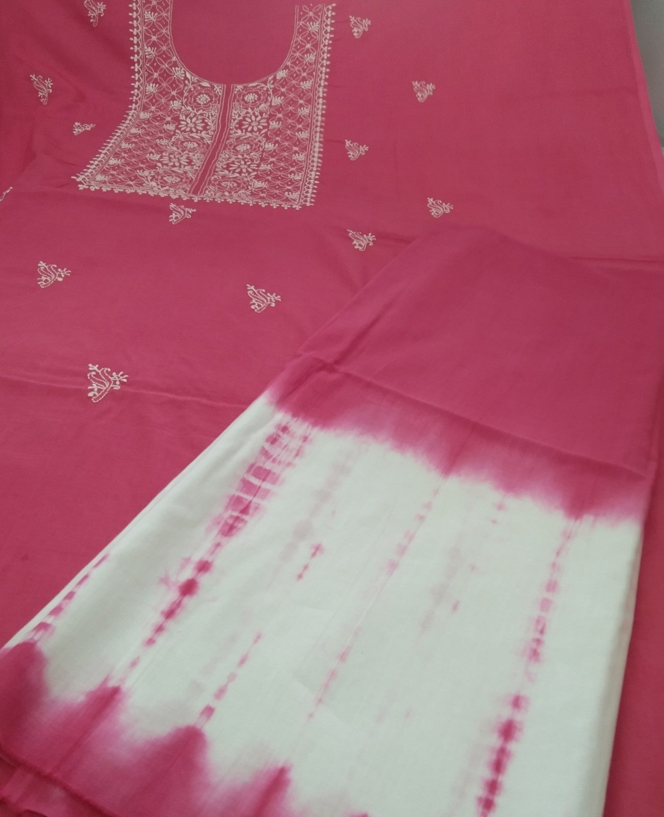 Chikankari and Tie-Dye Pink Mul Cotton Unstitched Suit set