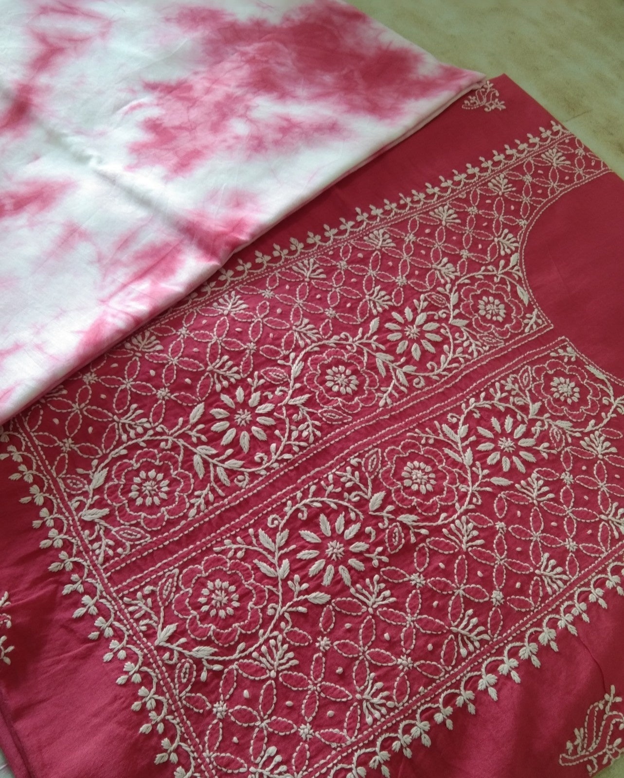 Chikankari and Tie-Dye Pink Mul Cotton Unstitched Suit set