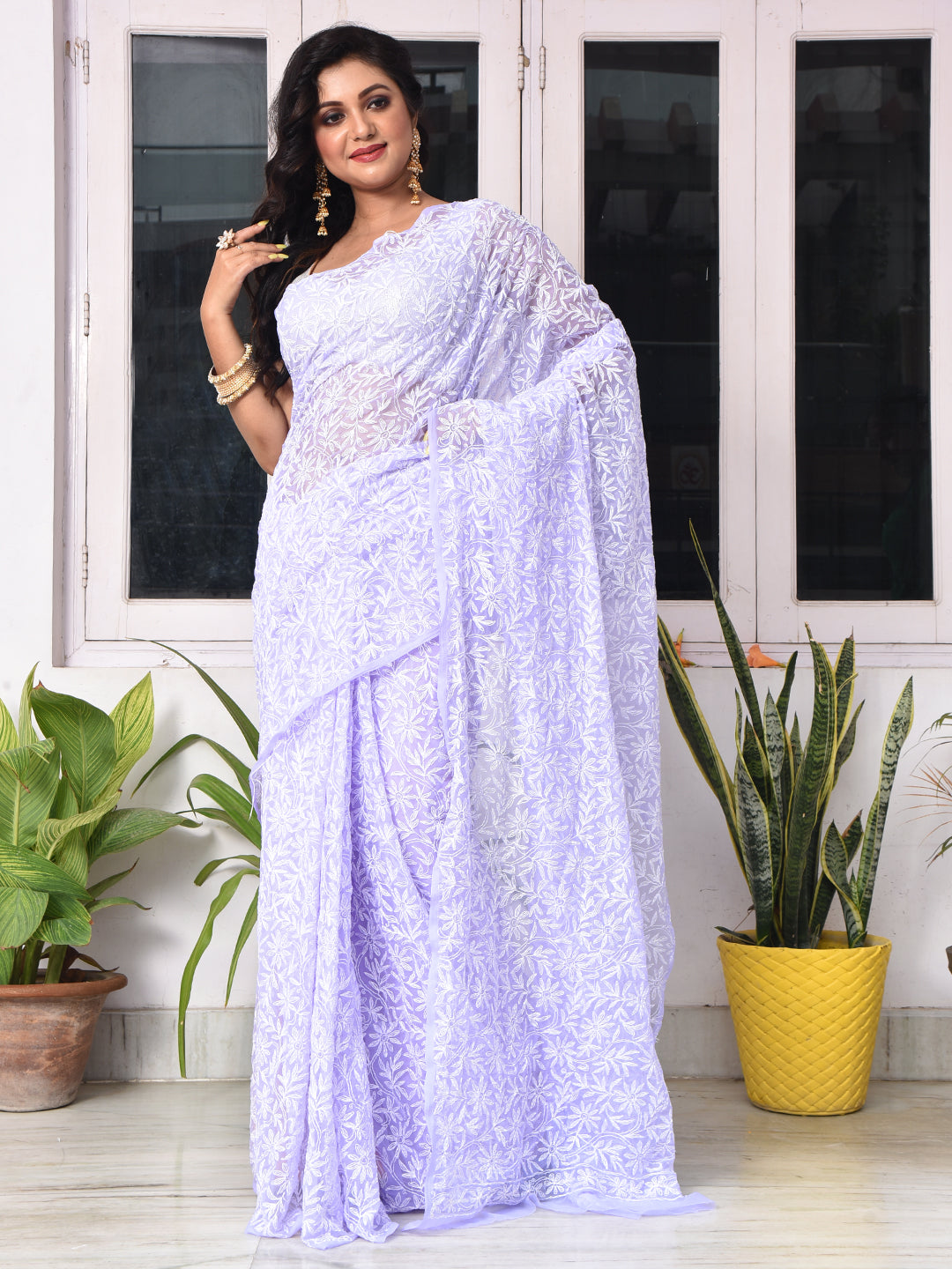 'The Lilac Affair' Georgette Chikankari Saree with all-over embroidery
