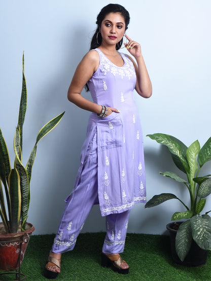 Elegant & Stylish Lilac Chikankari Sleeveless Coord Set