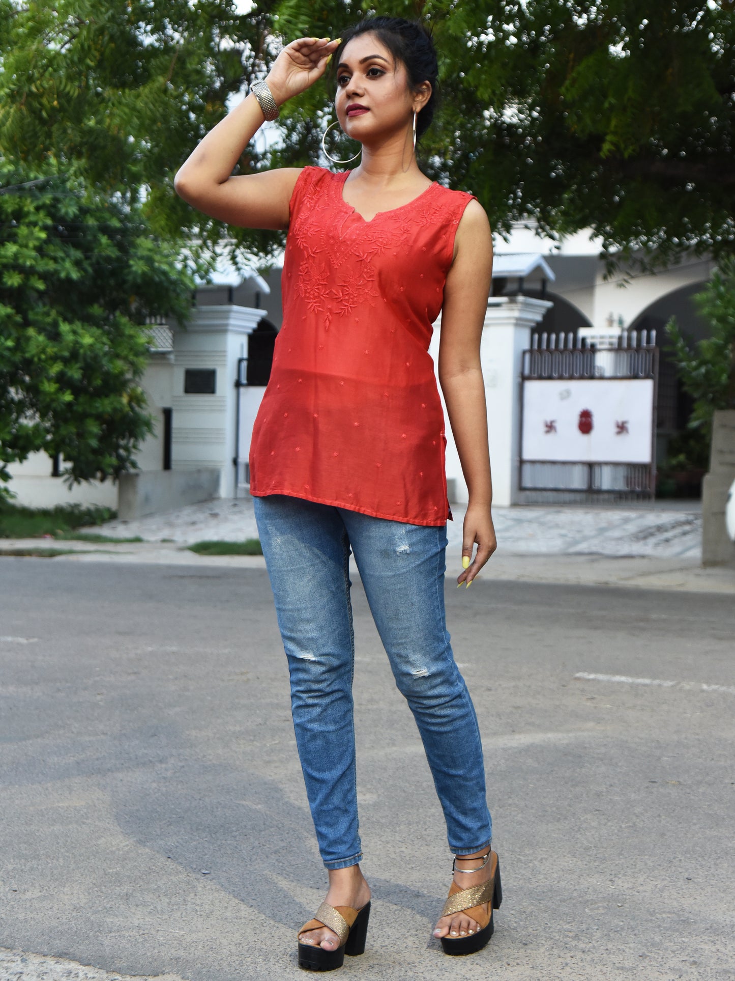 Chanderi Tomato Red Chikankari Short Kurti
