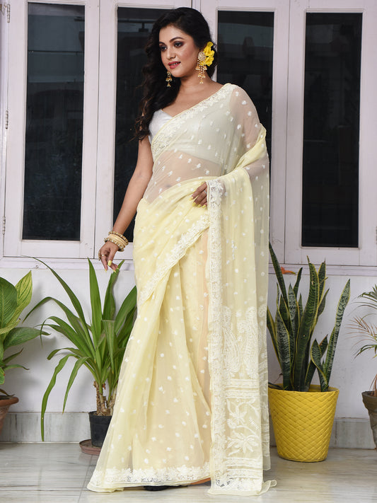 Light Yellow Georgette Chikankari Saree with self-color embroidery
