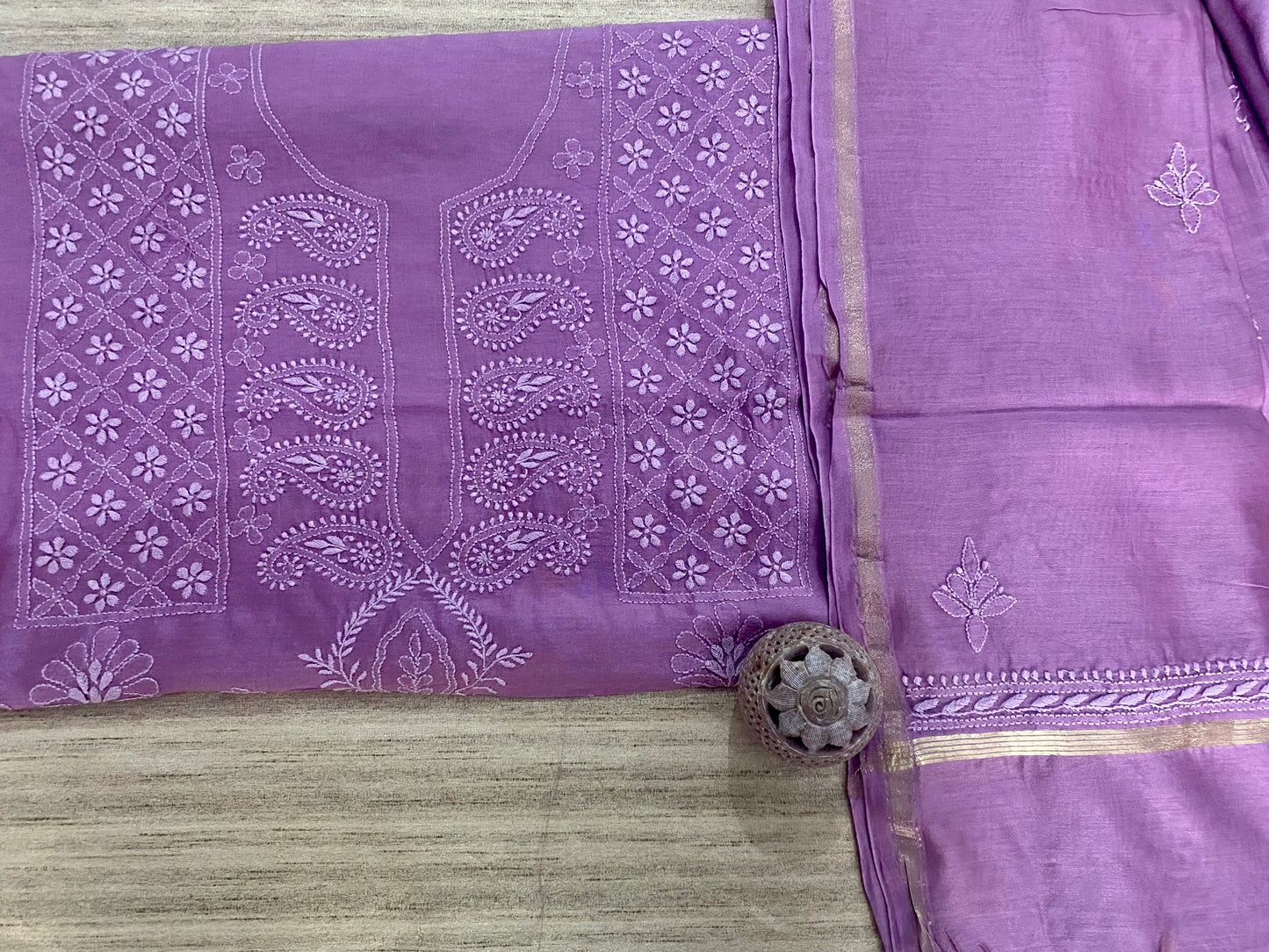 Lavender Chanderi Unstitched Centre-Panel Chikankari Suit Set