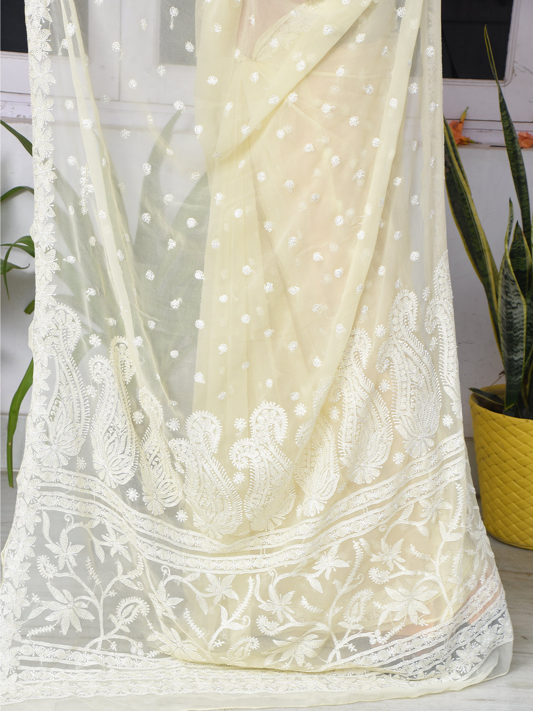Light Yellow Georgette Chikankari Saree with self-color embroidery