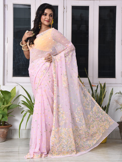 'Pink Rainbow' Georgette Chikankari Saree with multithread embroidery