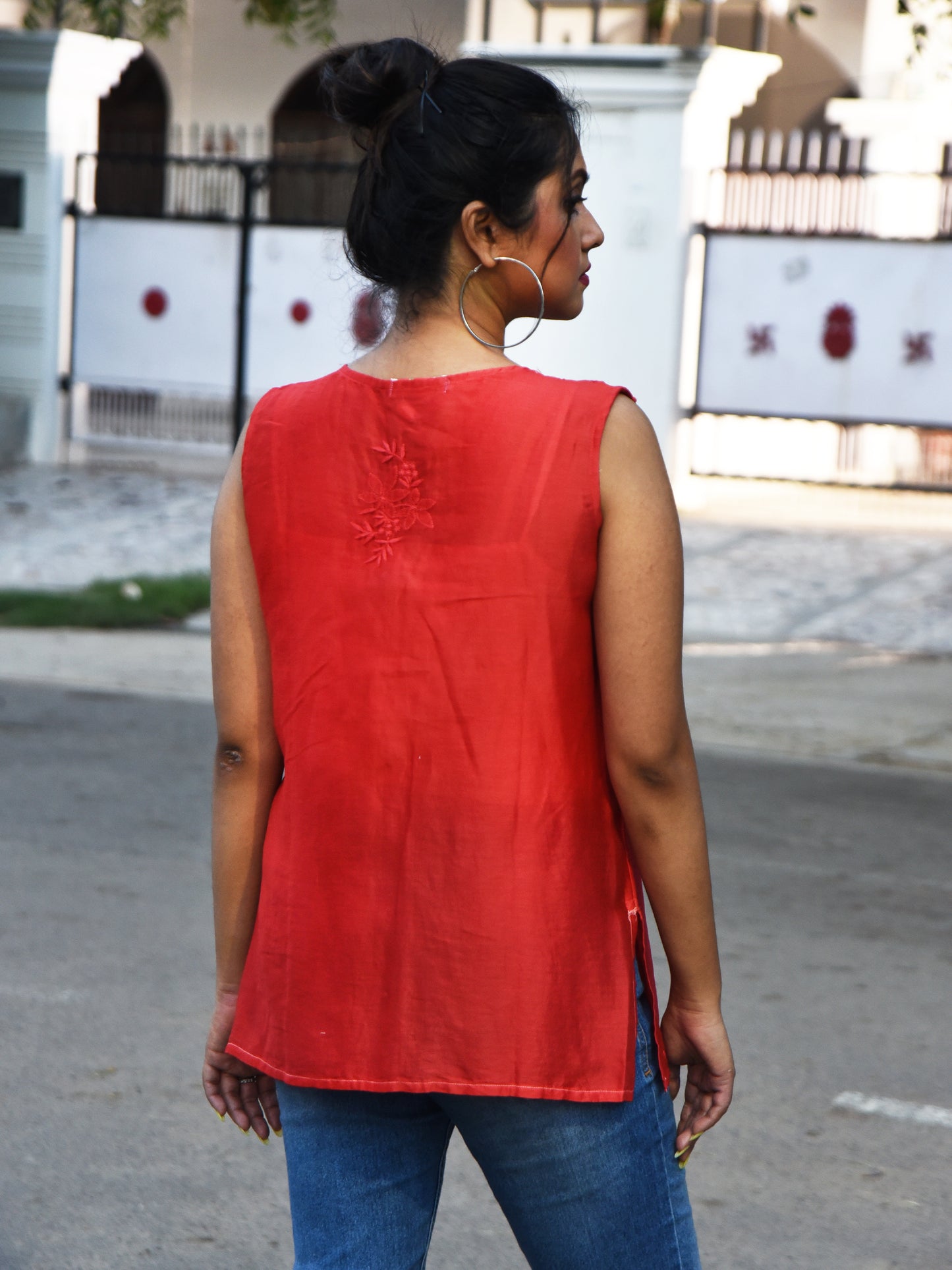 Chanderi Tomato Red Chikankari Short Kurti