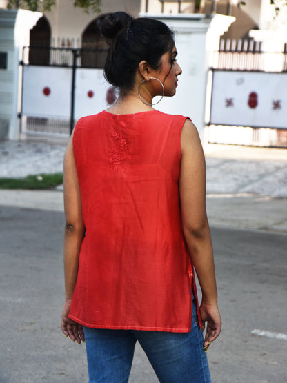 Chanderi Tomato Red Chikankari Short Kurti