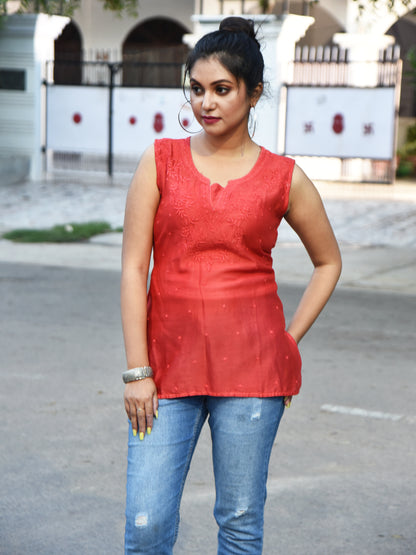 Chanderi Tomato Red Chikankari Short Kurti