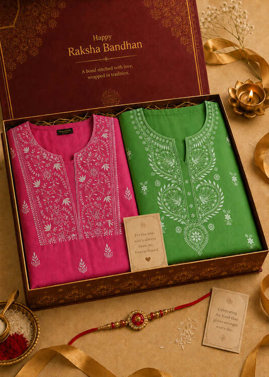 'Vishwas' - Set of 2 Cotton Unstitched Chikankari Kurta - Pink and Green