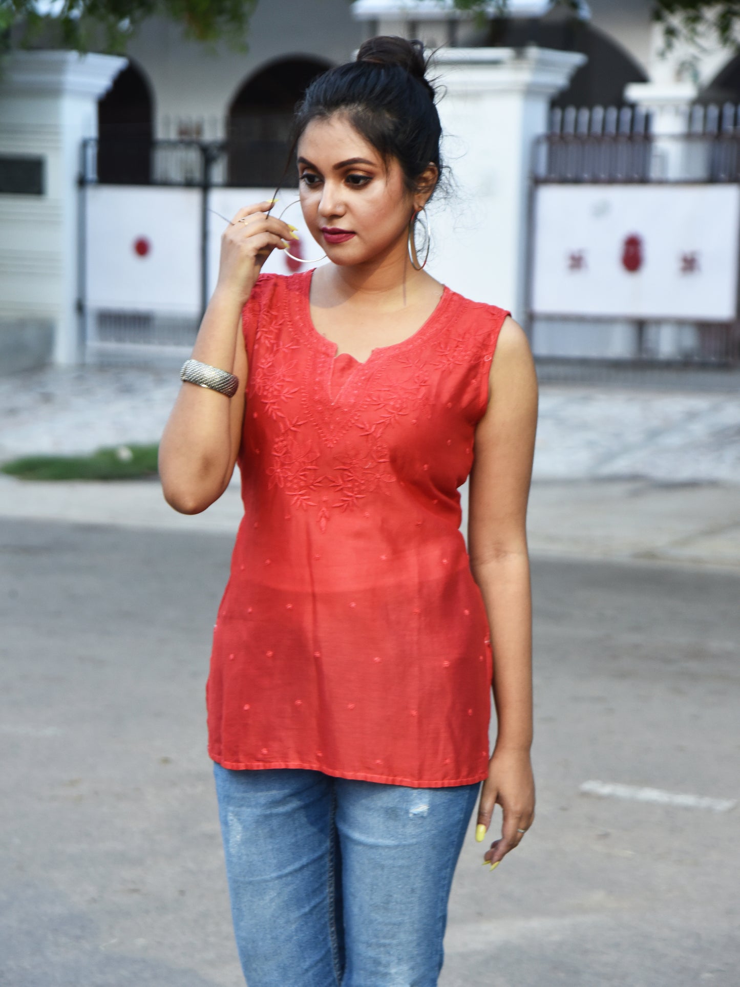 Chanderi Tomato Red Chikankari Short Kurti