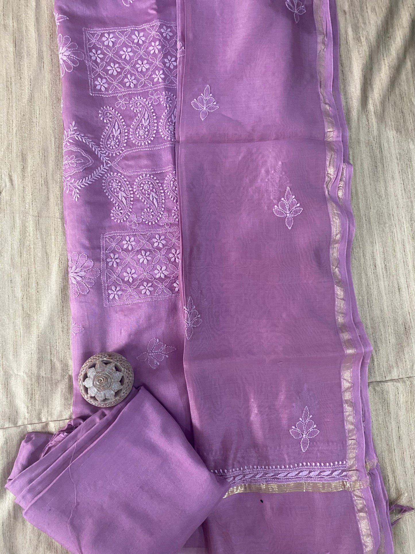 Lavender Chanderi Unstitched Centre-Panel Chikankari Suit Set