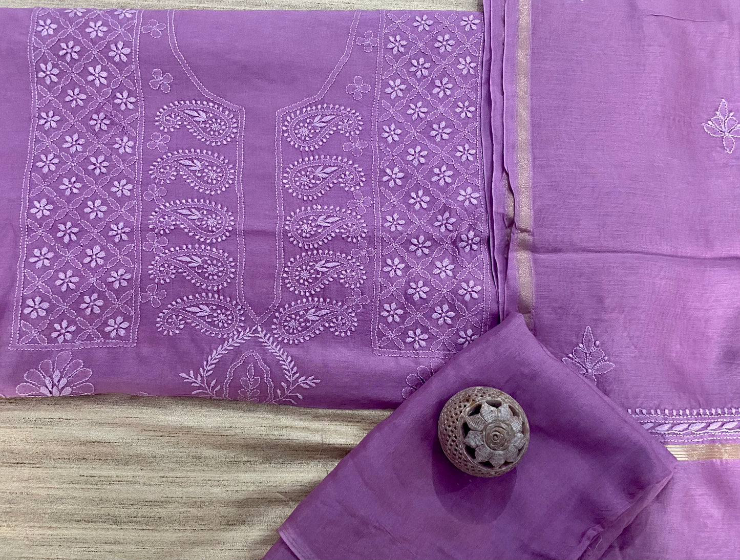 Lavender Chanderi Unstitched Centre-Panel Chikankari Suit Set