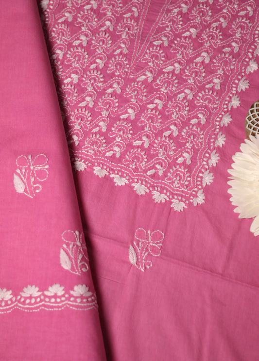 Lotus Pink Cotton Unstitched Chikankari Kurta Pant Set