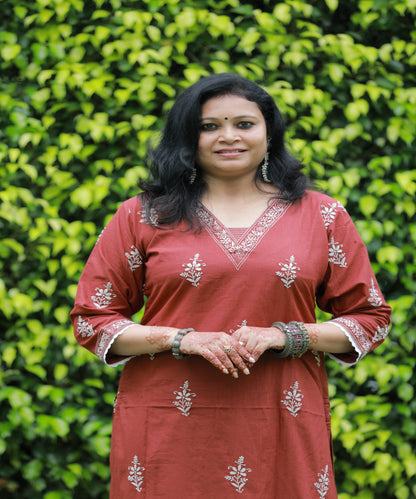 V Neck Rust Red Chikankari Dress material