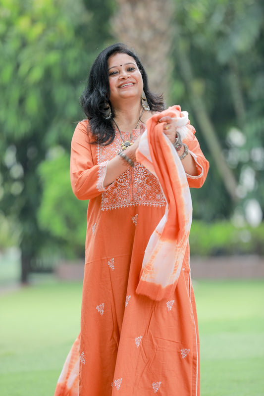Rust Orange Tie and Dye Soft Cotton  Unstitched Chikankari Suit Set