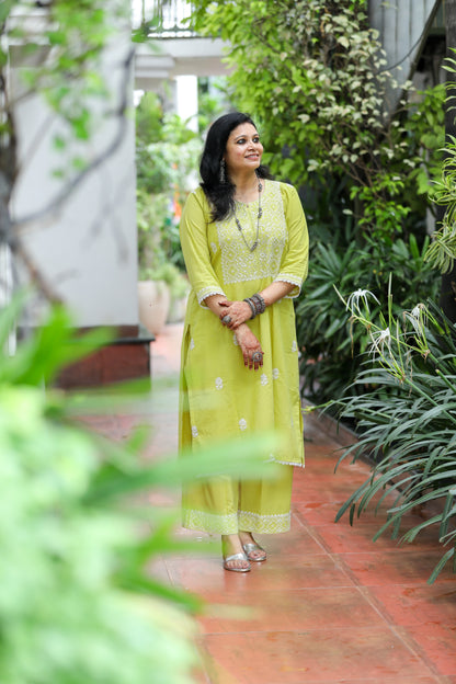 Golden Lemongrass Cotton Unstitched Chikankari Kurta Pant Set