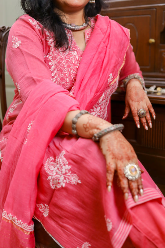 'Dusky Pink' Mul Chanderi Unstitched Chikankari Suit Set