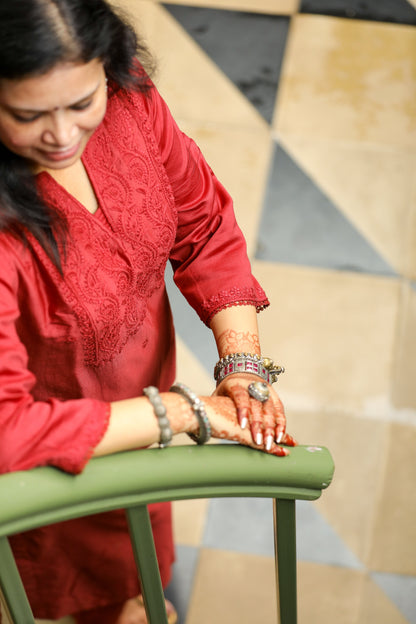 Coke Red Chanderi Unstitched Chikankari Suit Set