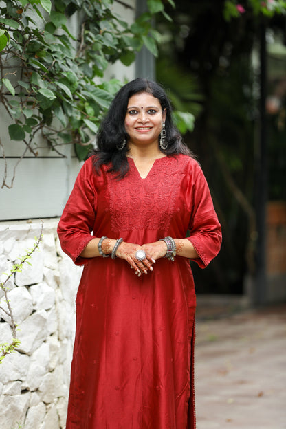 Coke Red Chanderi Unstitched Chikankari Suit Set