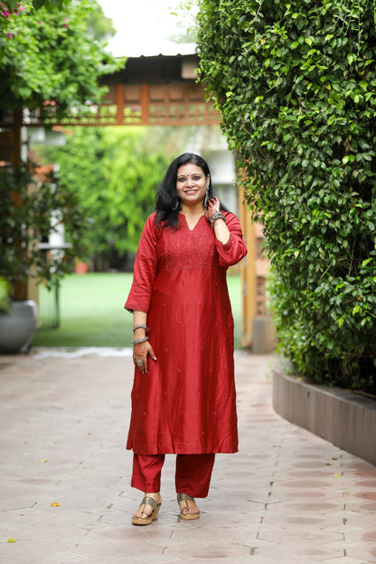 Coke Red Chanderi Unstitched Chikankari Suit Set
