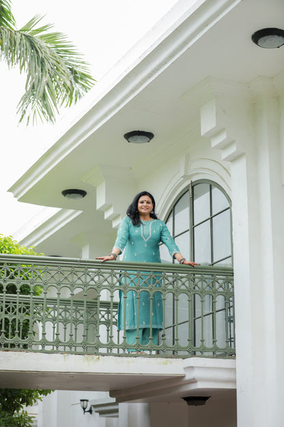 'Ocean Whisper' Mul Chanderi Chikankari Unstitched Kurta