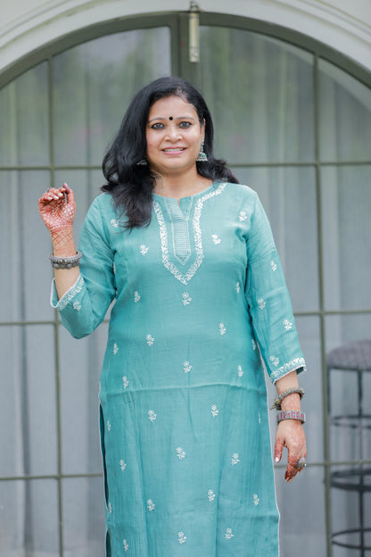 'Ocean Whisper' Mul Chanderi Chikankari Unstitched Kurta