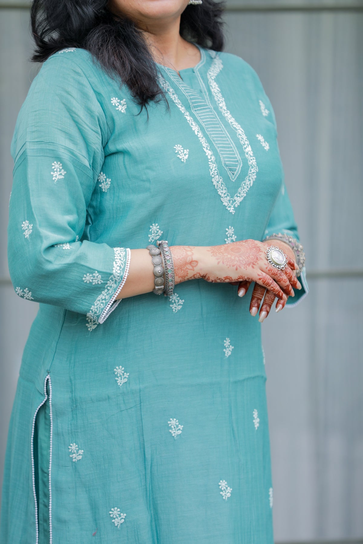 'Ocean Whisper' Mul Chanderi Chikankari Unstitched Kurta