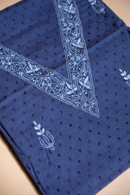 Dark Grey V Neck Dobby Cotton Chikankari Dress Material