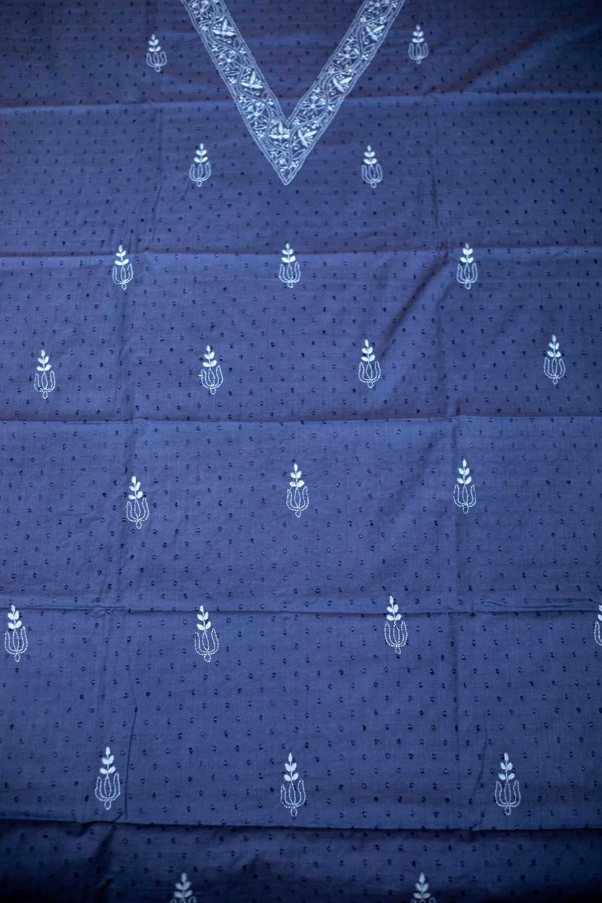 Dark Grey V Neck Dobby Cotton Chikankari Dress Material