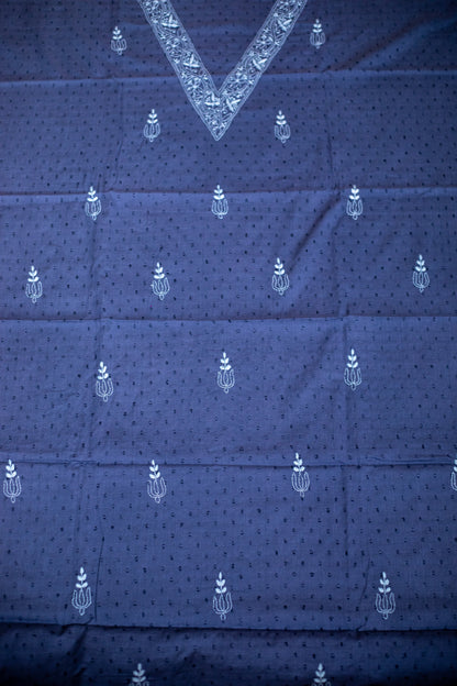 Dark Grey V Neck Dobby Cotton Chikankari Dress Material