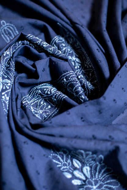 Dark Grey V Neck Dobby Cotton Chikankari Dress Material