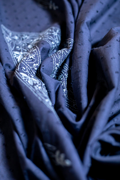 Dark Grey V Neck Dobby Cotton Chikankari Dress Material