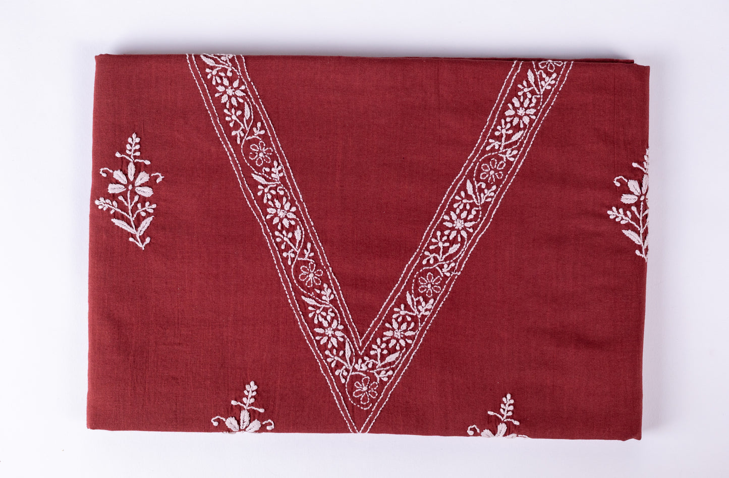 V Neck Rust Red Chikankari Dress material