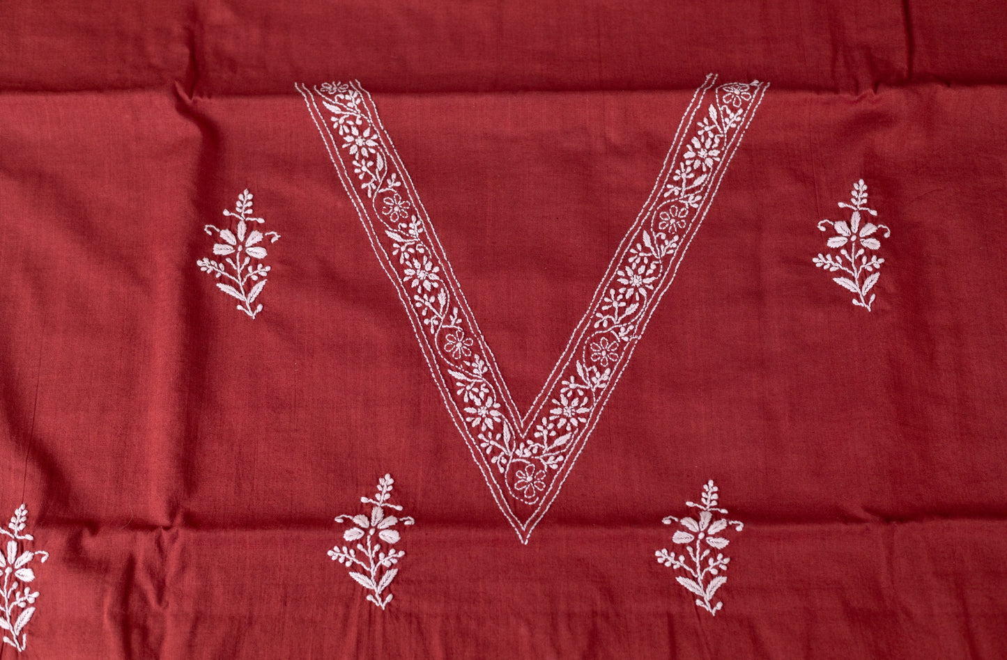 V Neck Rust Red Chikankari Dress material