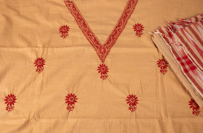 V Neck Beige Chikankari Dress material with Ikkat Dupatta