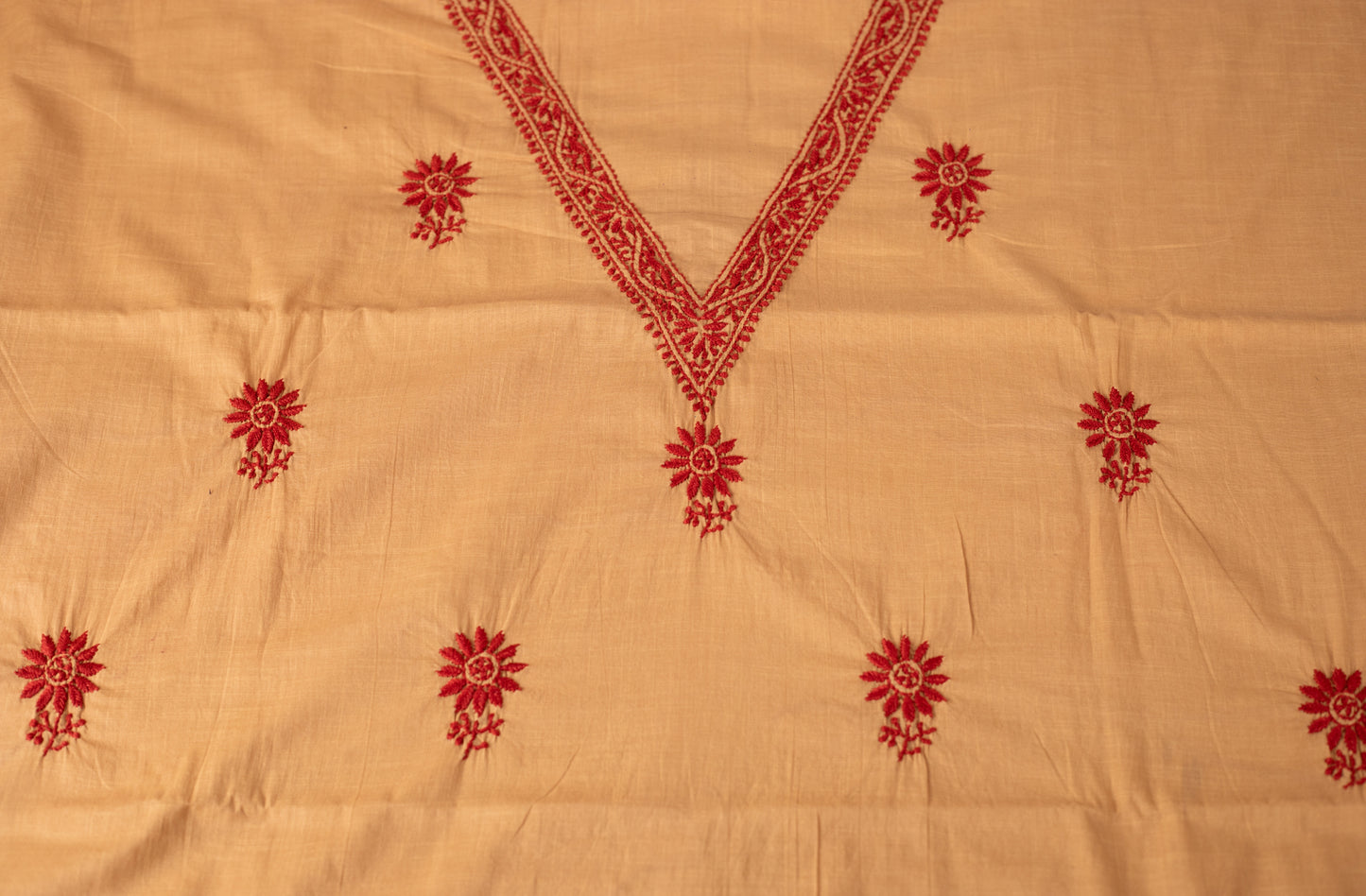 V Neck Beige Chikankari Dress material with Ikkat Dupatta
