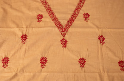 V Neck Beige Chikankari Dress material with Ikkat Dupatta