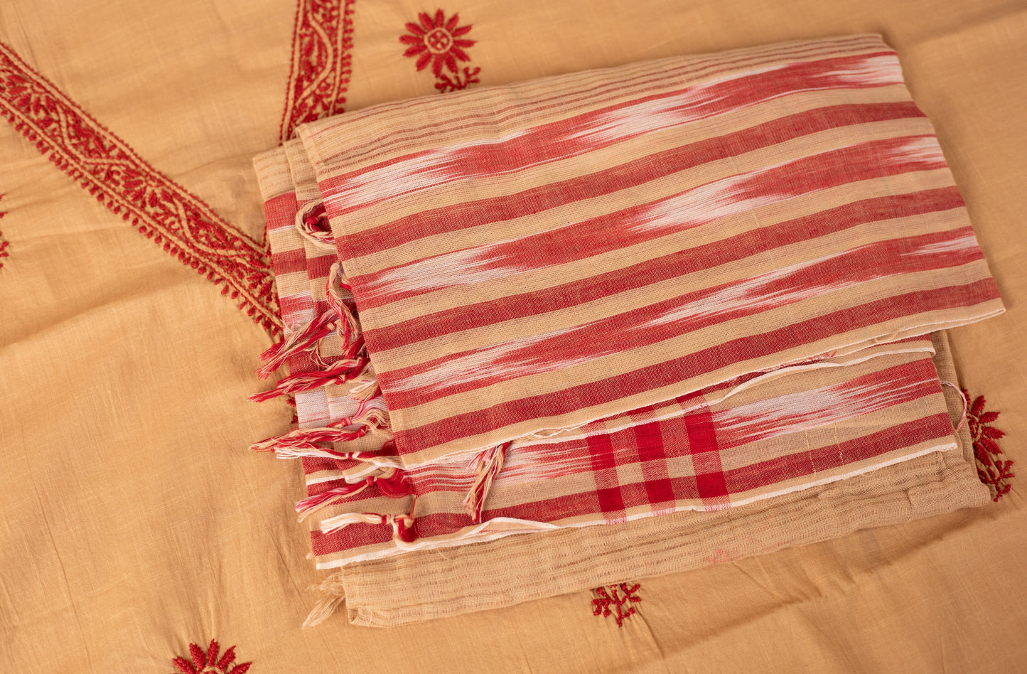 V Neck Beige Chikankari Dress material with Ikkat Dupatta