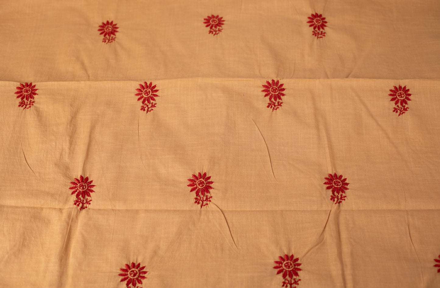 V Neck Beige Chikankari Dress material with Ikkat Dupatta