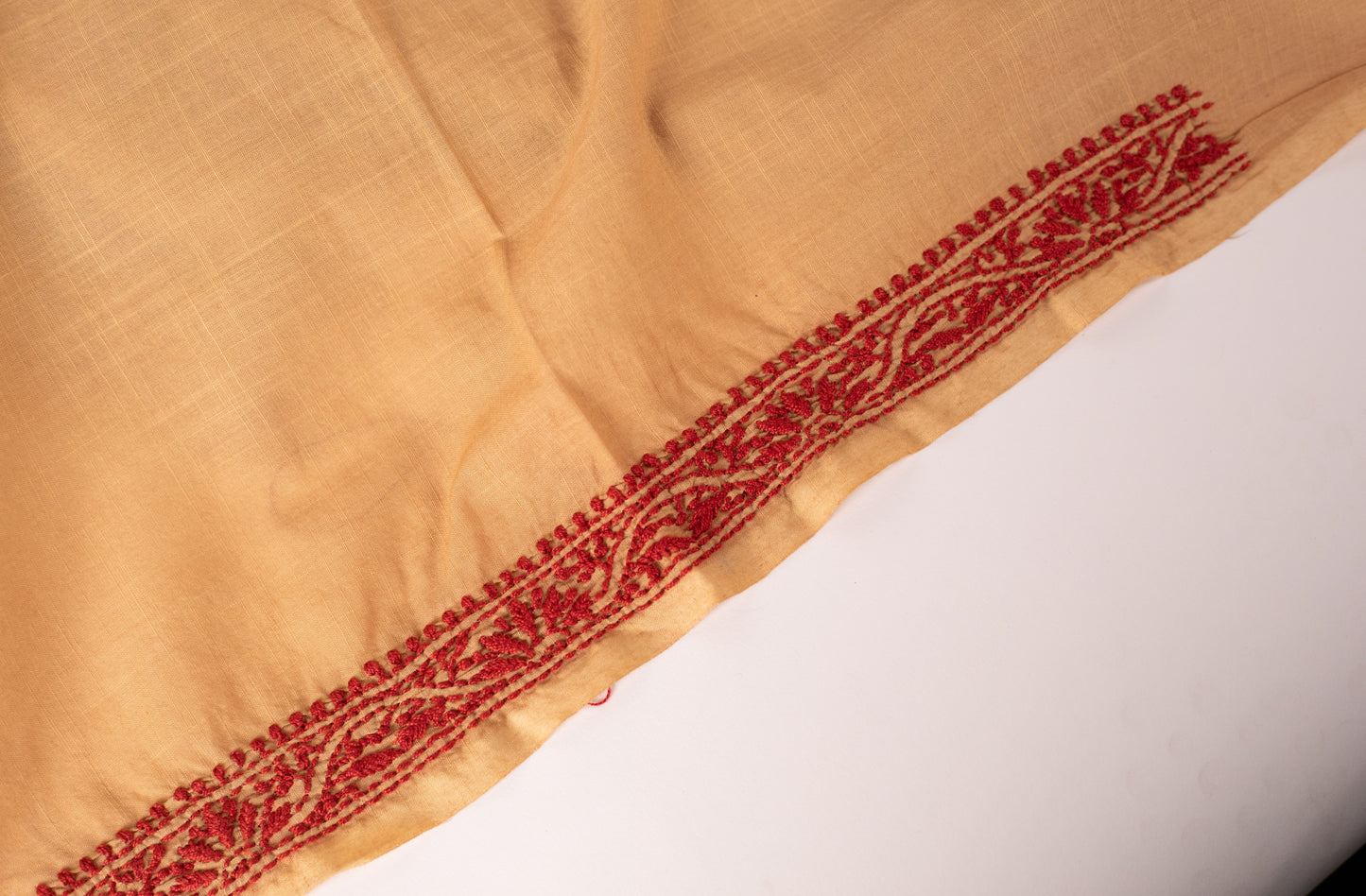 V Neck Beige Chikankari Dress material with Ikkat Dupatta