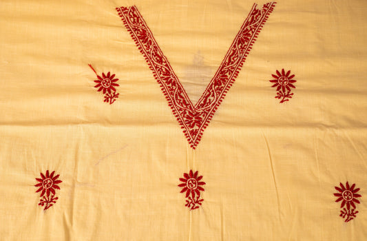 V Neck Maroon embroidered Cream Chikankari Dress material
