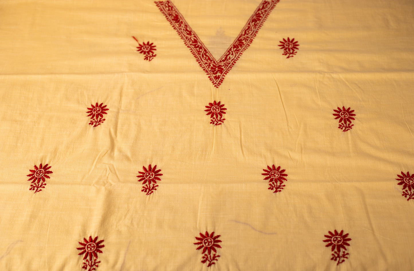 V Neck Maroon embroidered Cream Chikankari Dress material