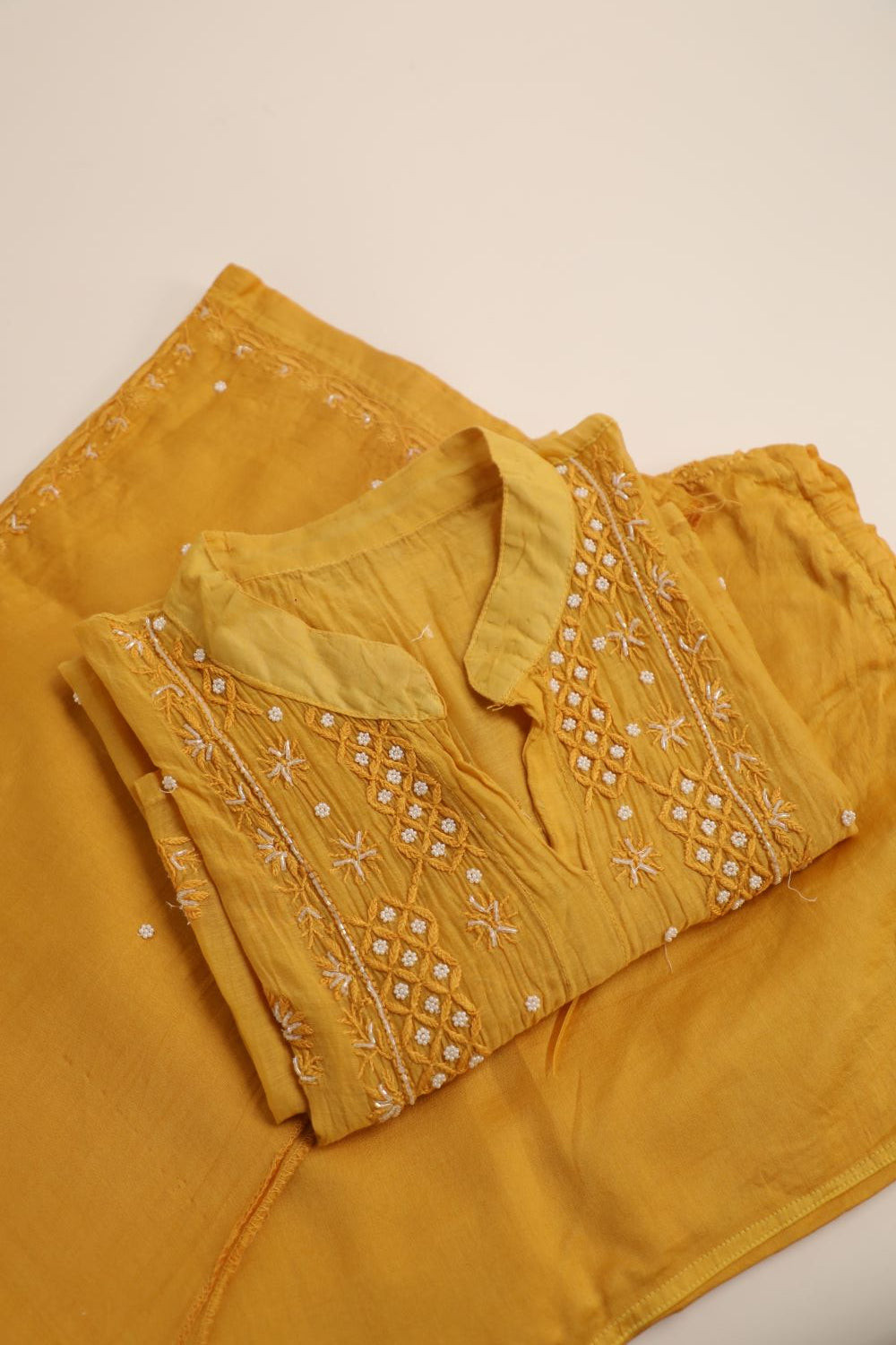 'Sunset Gold'  Mul Chanderi Embellished Semi-Stitched Chikankari Co-ord Set