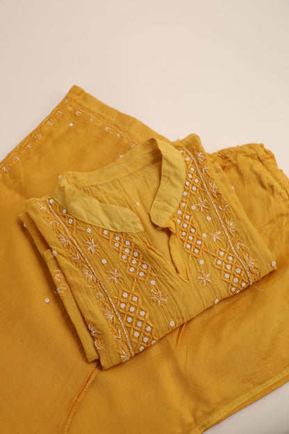 'Sunset Gold'  Mul Chanderi Embellished Semi-Stitched Chikankari Co-ord Set