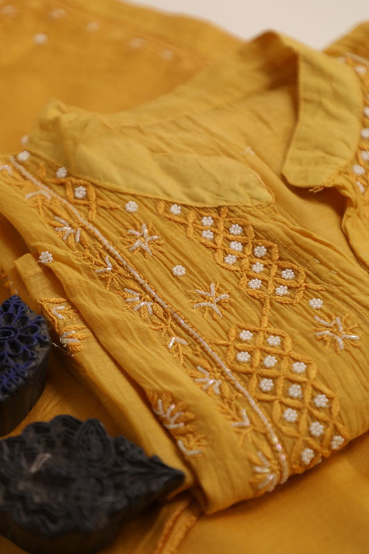 'Sunset Gold'  Mul Chanderi Embellished Semi-Stitched Chikankari Co-ord Set