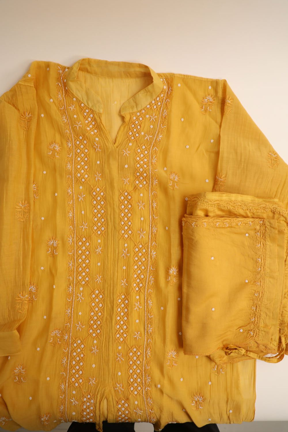 'Sunset Gold'  Mul Chanderi Embellished Semi-Stitched Chikankari Co-ord Set