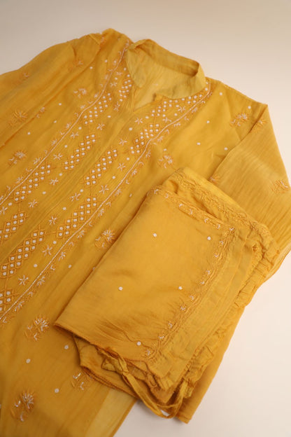 'Sunset Gold'  Mul Chanderi Embellished Semi-Stitched Chikankari Co-ord Set