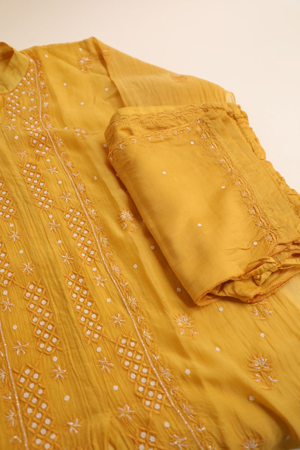 'Sunset Gold'  Mul Chanderi Embellished Semi-Stitched Chikankari Co-ord Set